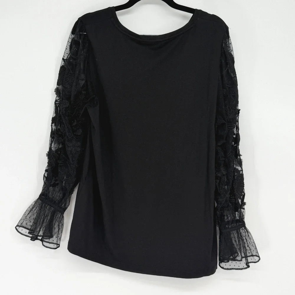Chico's Pima Cotton Lace Sleeve Top Size 2 Large Black Bell‎ Sleeve Blouse